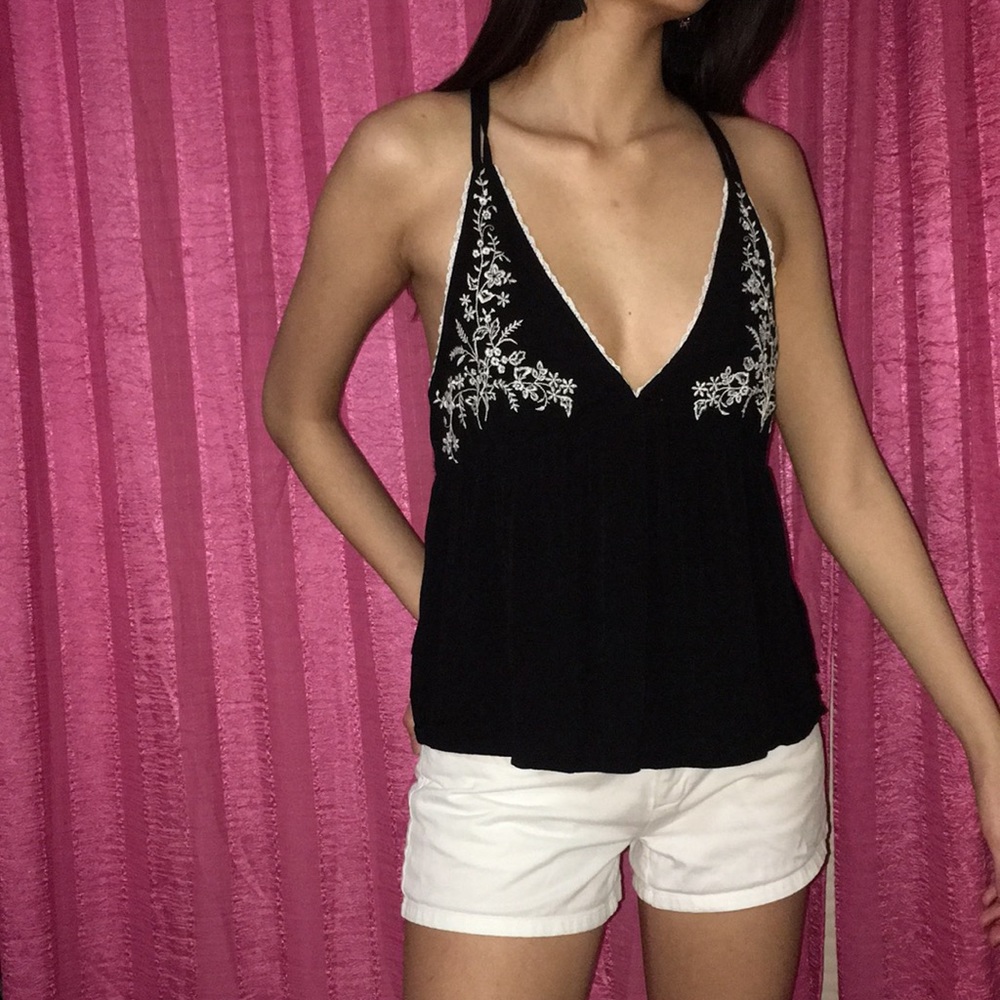 Black and white embroidered deep v neck top